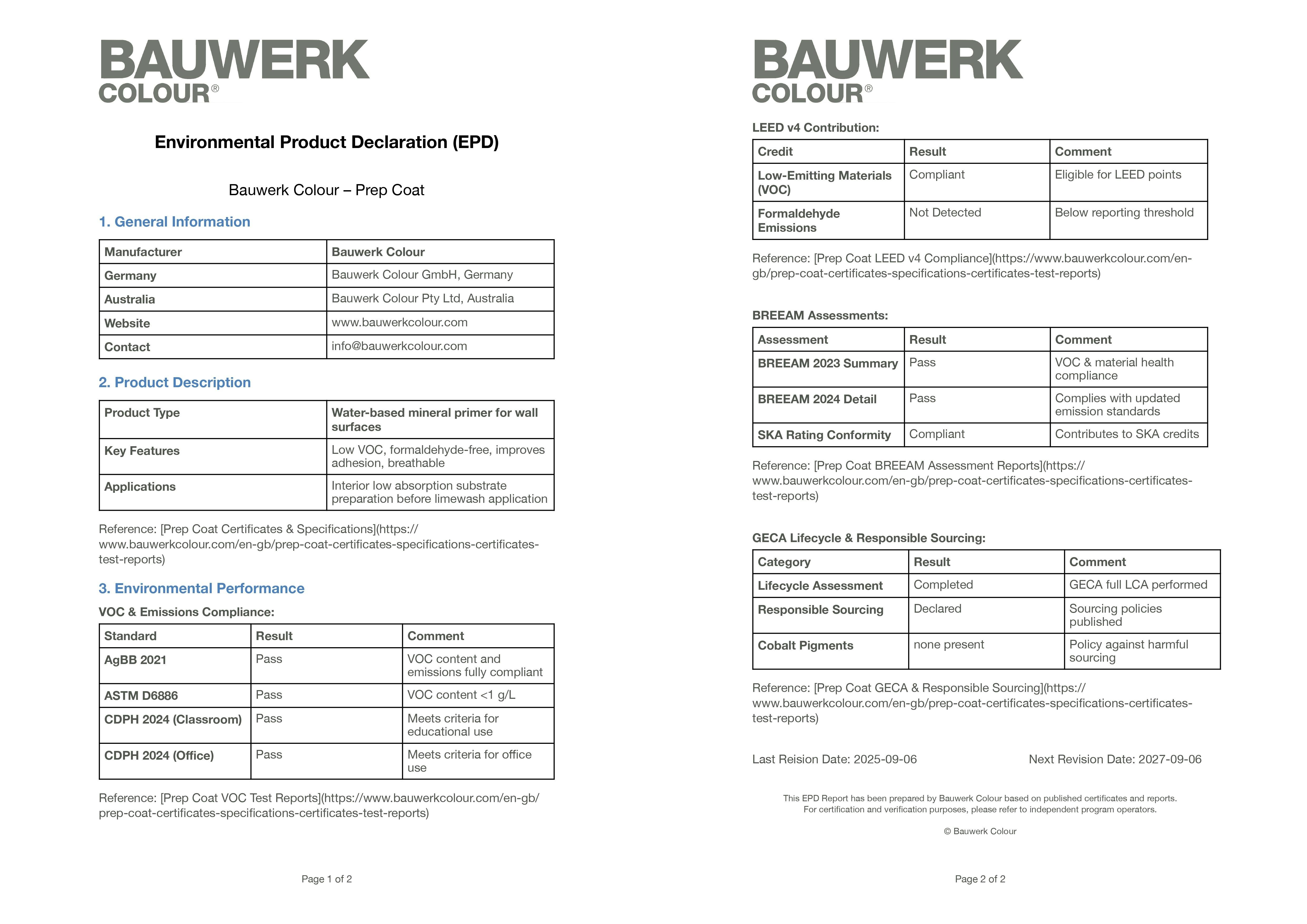 Bauwerk Colour Environmental Product Declaration (EPD) for Prep Coat