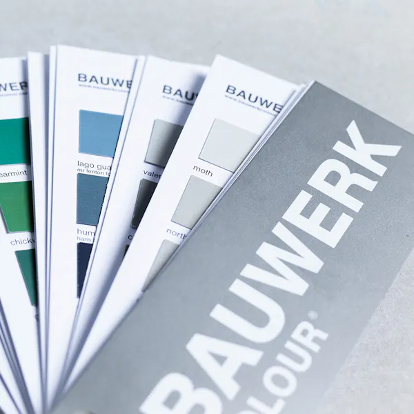 Fan Decks showing handpainted samples of Limewash Paint from Bauwerk Colour
