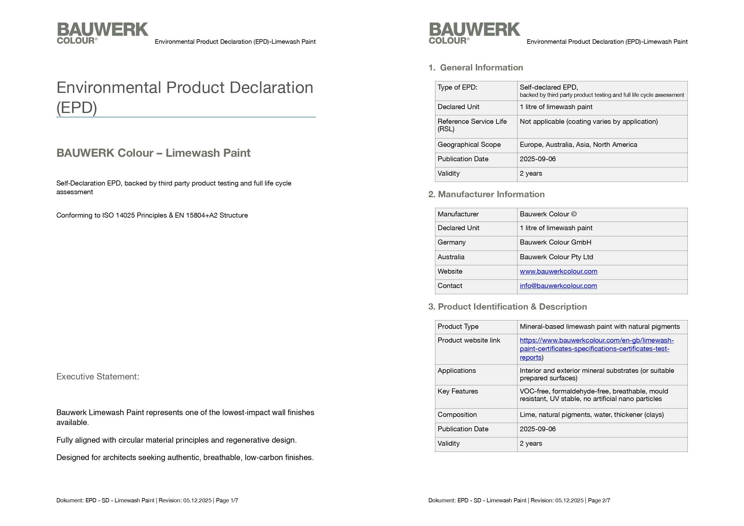 Bauwerk Colour Environmental Product Declaration (EPD) for Limewash Paint - 1