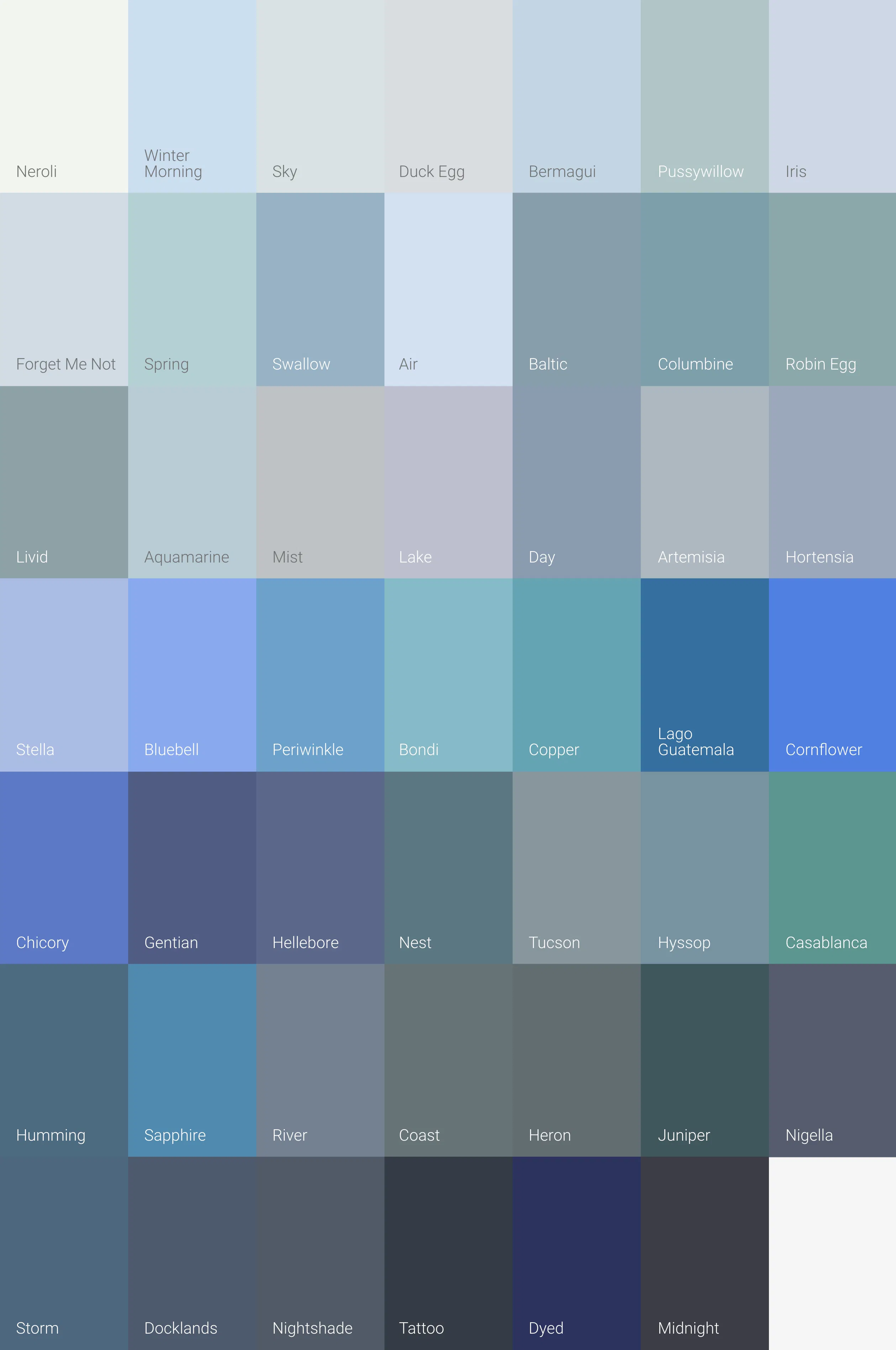 Bauwerk Colour limewash colour card box swatches showing sky blue through deep navy tones.