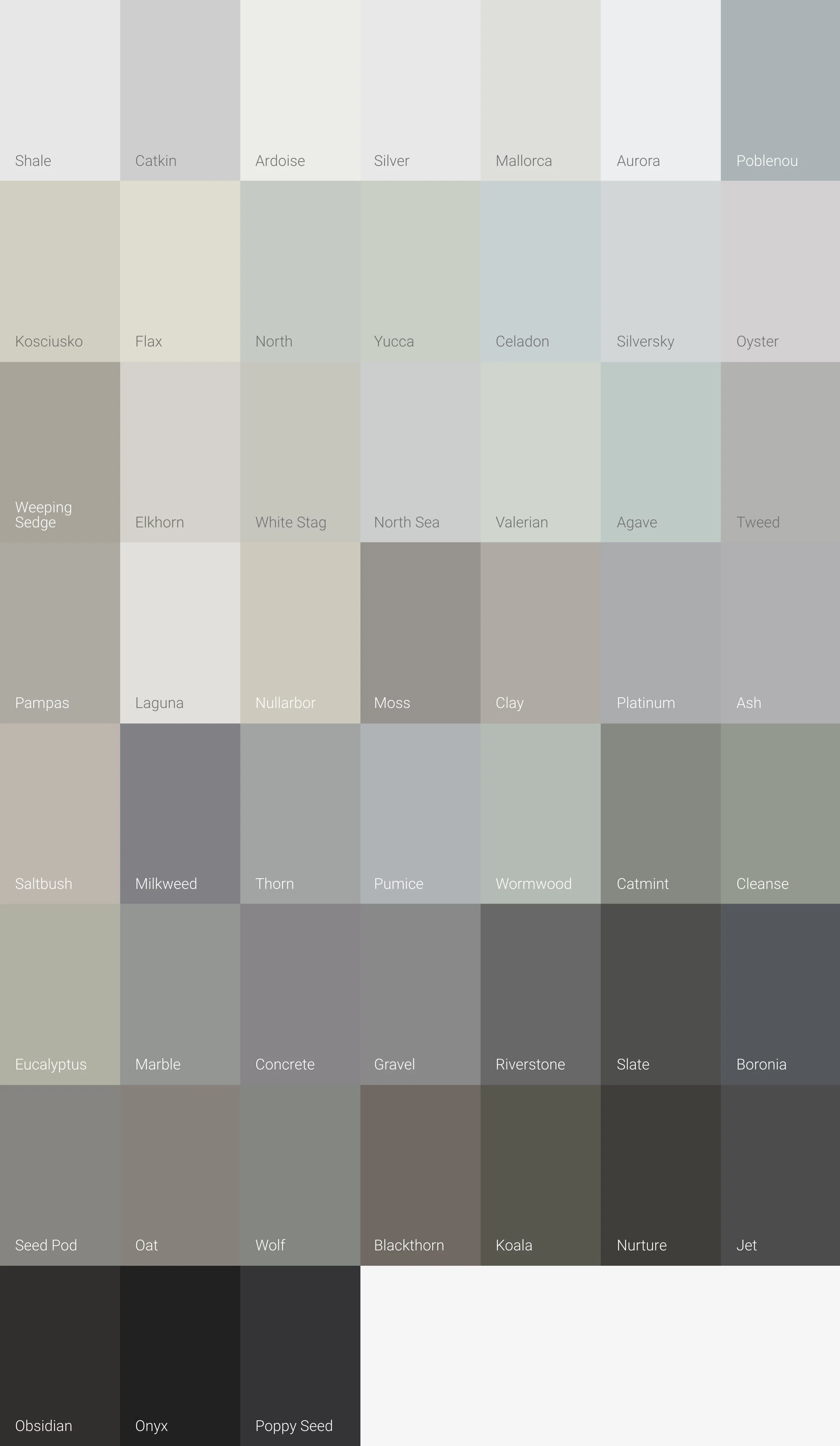 Bauwerk limewash colour card box swatches showing pale stone through charcoal grey tones.