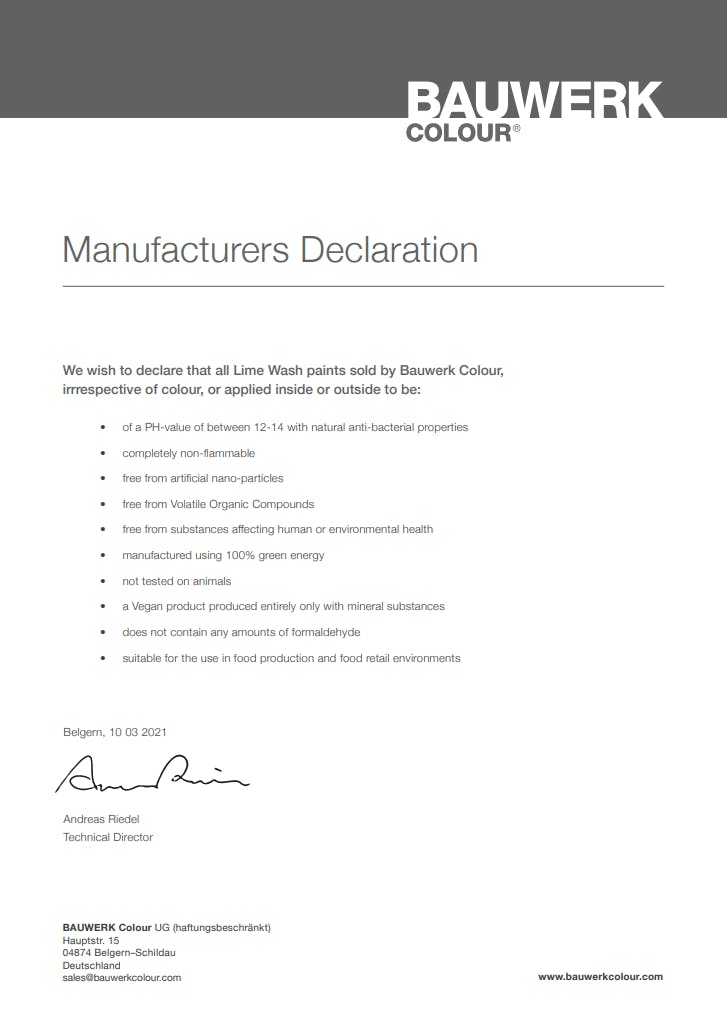 Bauwerk Colours Manufacturers Declaration