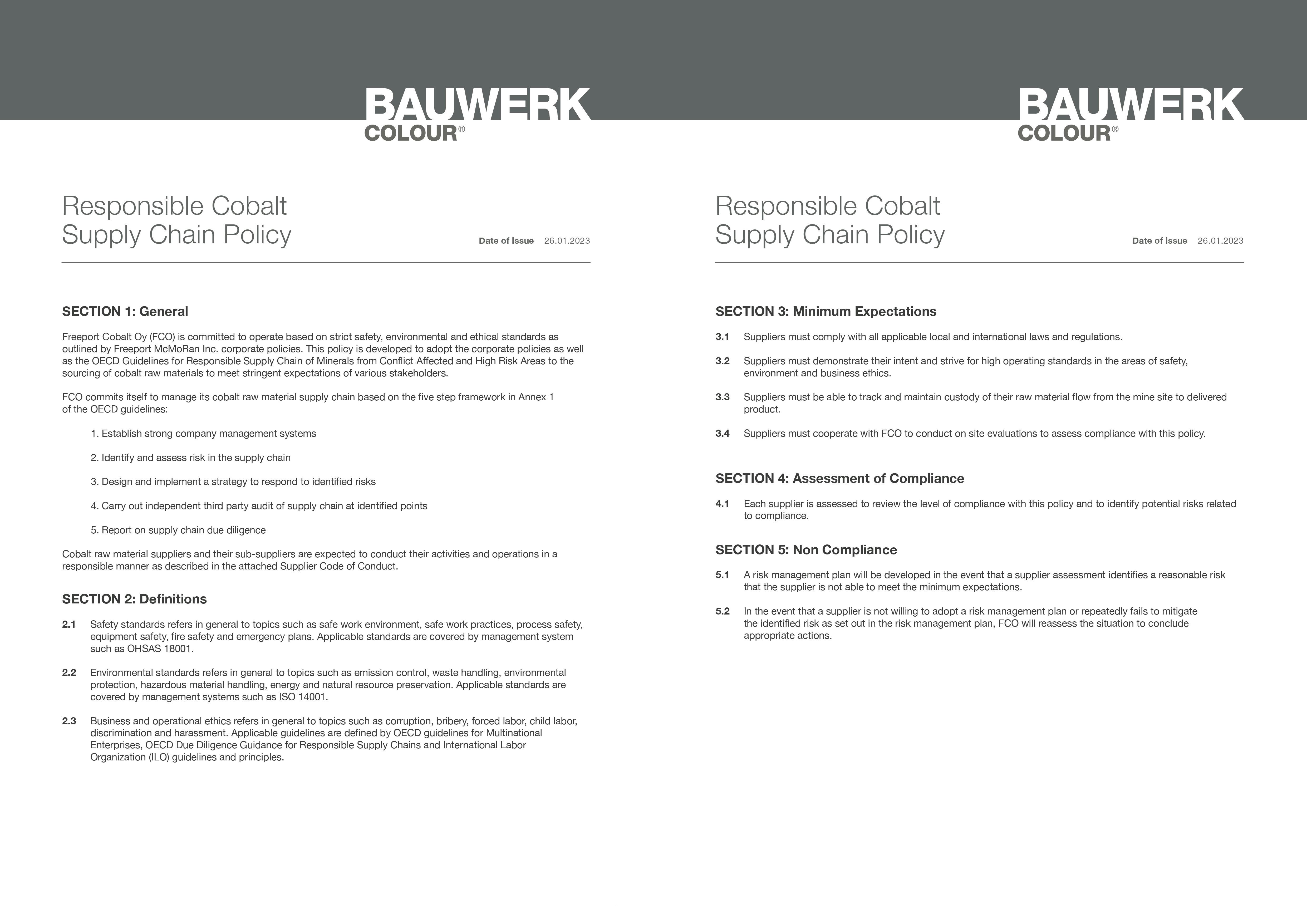 Bauwerk Colour only sources Cobalt based pigments from responsible sources, in line with OECD adopted guidelines