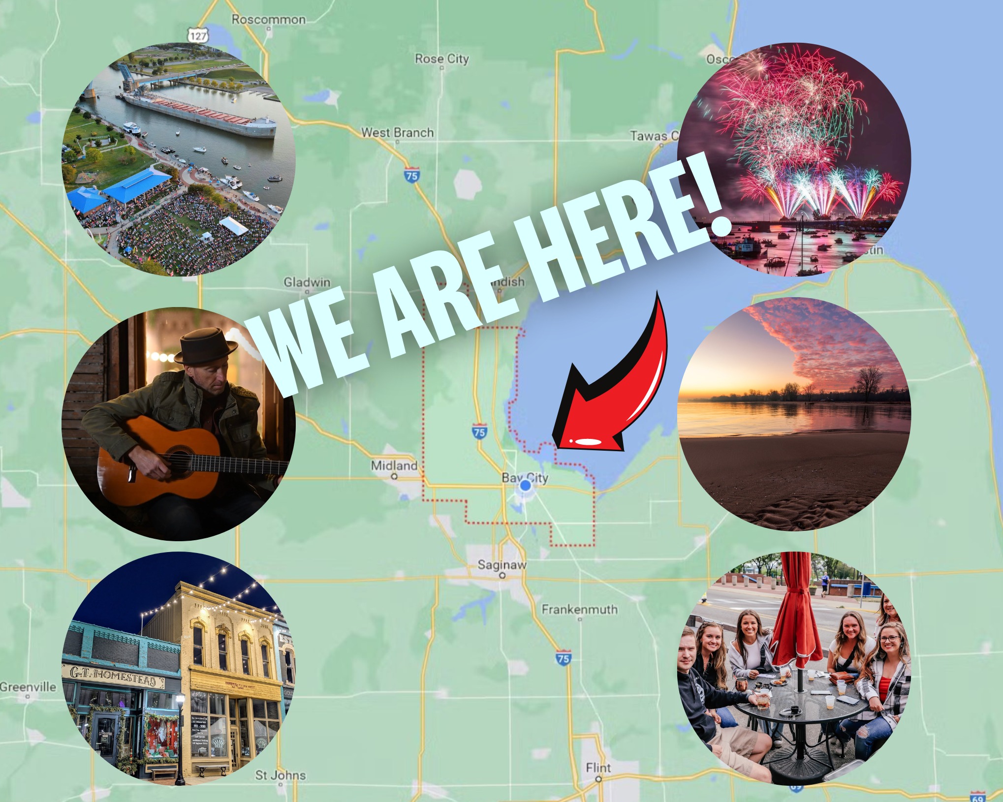 A map of Bay County, Michigan with an arrow pointing to Bay City, Michigan