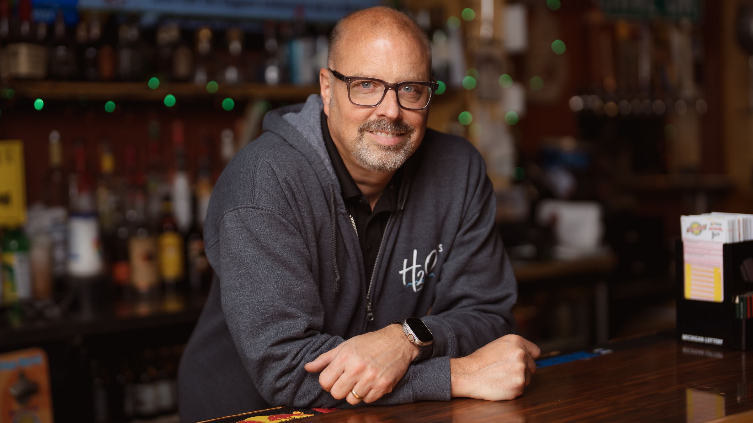 Portrait of Marc Owczarzak, owner of I's Pub & Grille in Auburn, Michigan. 