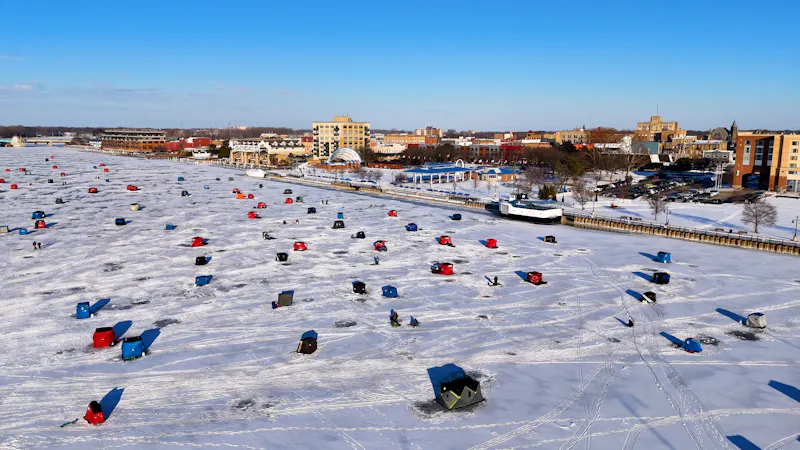 Ice shanties on the Saginaw River in Bay City, Michigan