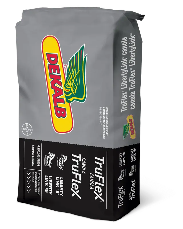 Gray and black seed bag labeled DLF Truflex Canola Liberty Link, featuring a yellow and green wing logo and product details on the sides