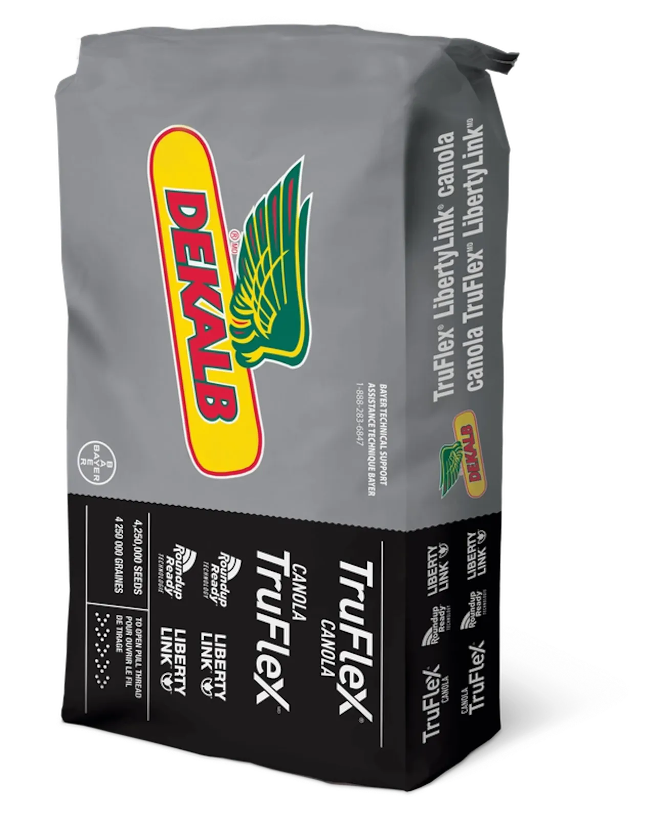 Gray and black seed bag labeled DLF Truflex Canola Liberty Link, featuring a yellow and green wing logo and product details on the sides