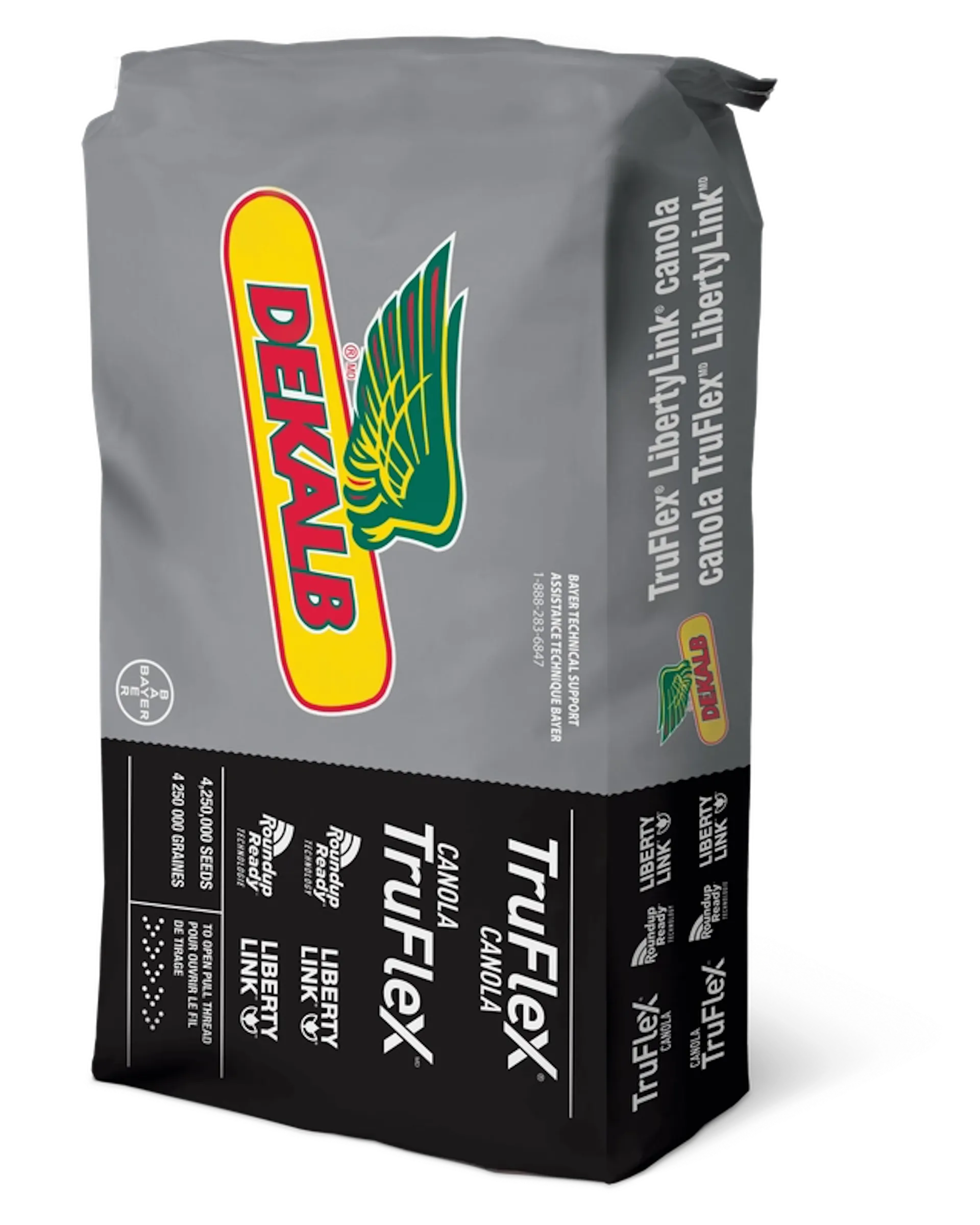 Gray and black seed bag labeled DLF Truflex Canola Liberty Link, featuring a yellow and green wing logo and product details on the sides