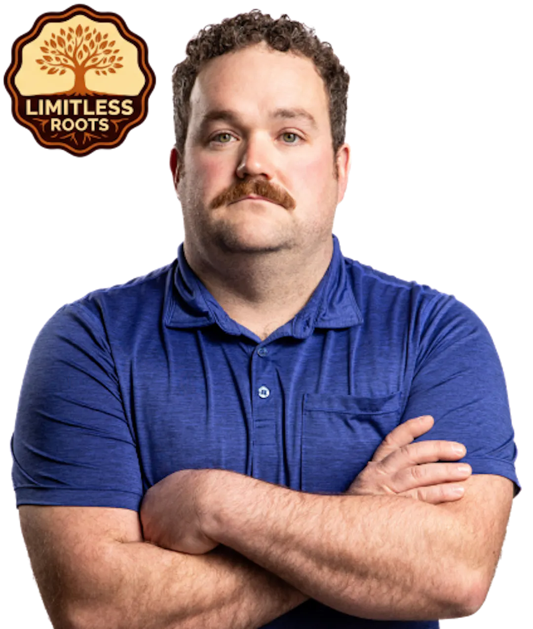 Rounded emblem with a stylized tree and spreading roots, labeled “Limitless Roots,” in earthy brown and orange tones beside a photo of Lucas Saunders with his arms crossed