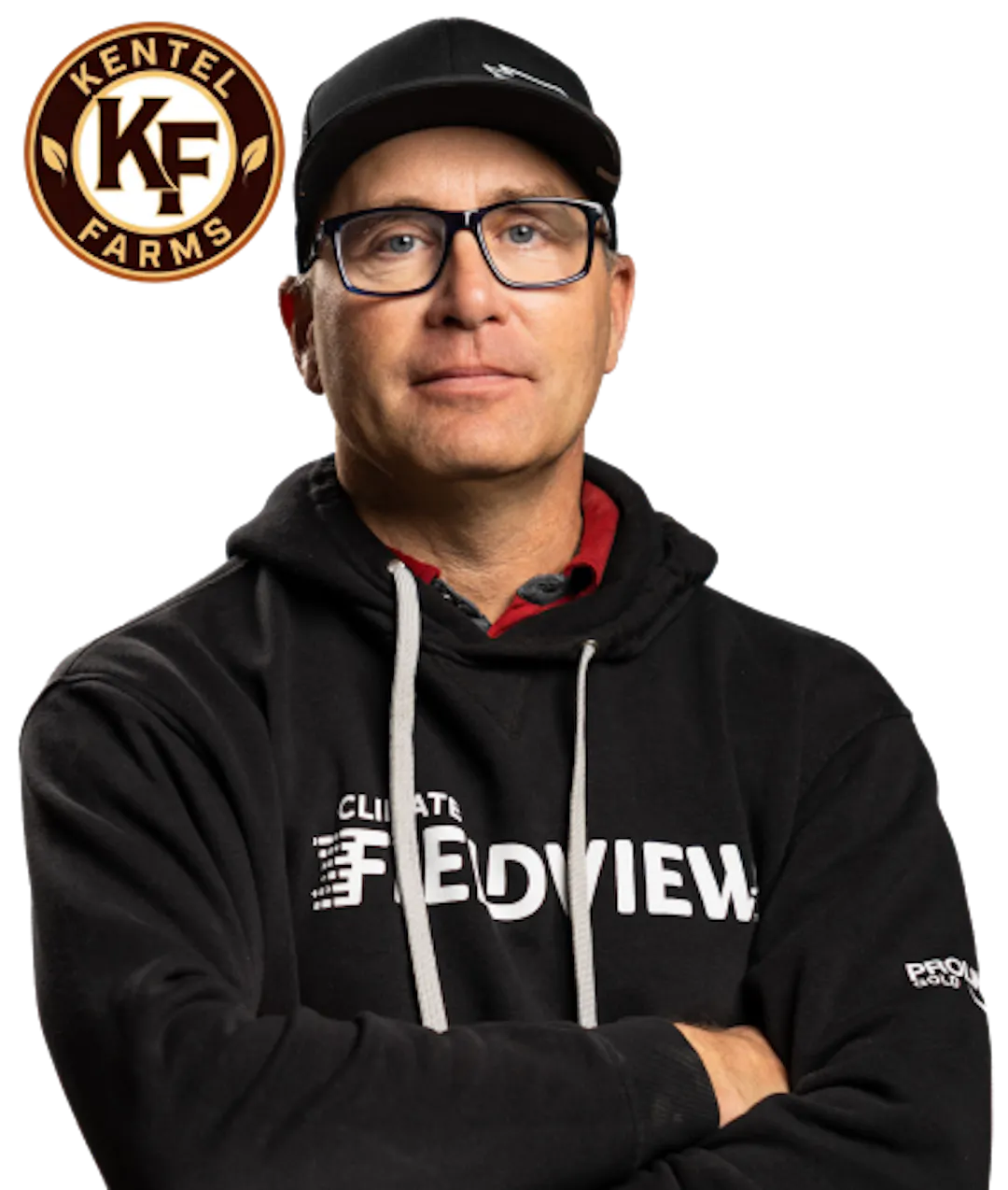 Circular badge with the letters “KF” in the center and “Kentel Farms” around the edge, in gold and dark brown beside a photo of Derek Kentel with his arms crossed