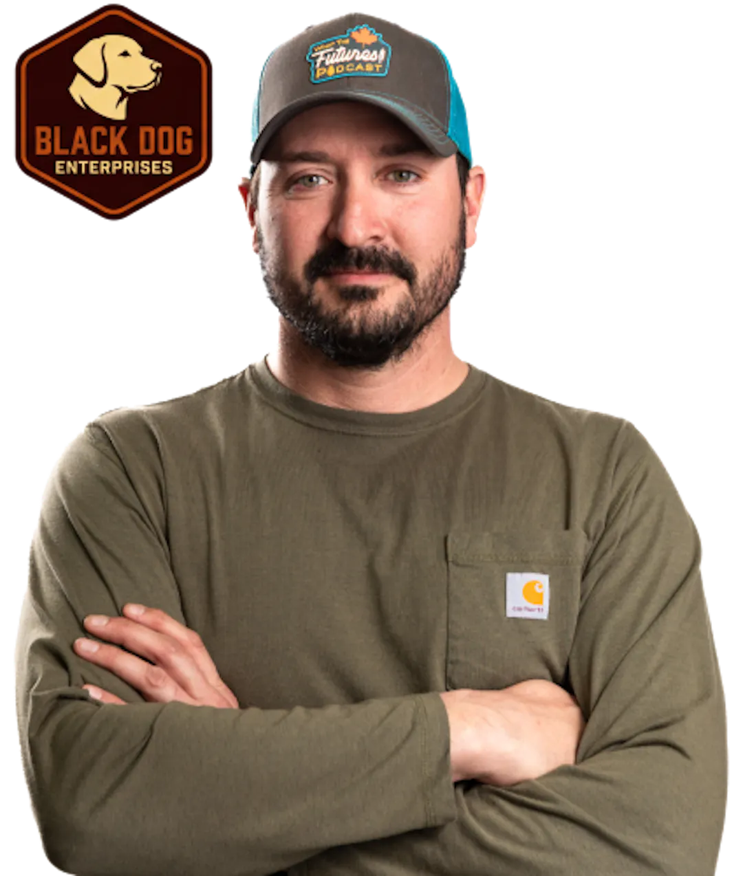 Hexagonal badge with a side profile of a dog’s head and the text “Black Dog Enterprises,” in dark brown and orange beside a photo of Nathan Kuhn with his arms crossed