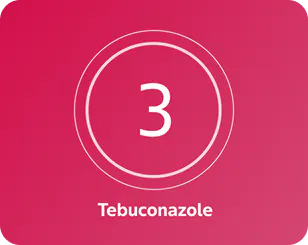 A pink background with a white number 3 centered inside two concentric circles, and the word 'Tebuconazole' written below in white text.