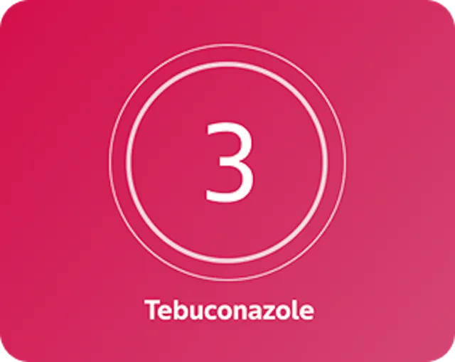 A pink background with a white number 3 centered inside two concentric circles, and the word 'Tebuconazole' written below in white text. 