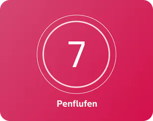 A pink background with a white number 7 centered inside two concentric circles, and the word ' Penflufen' written below in white text