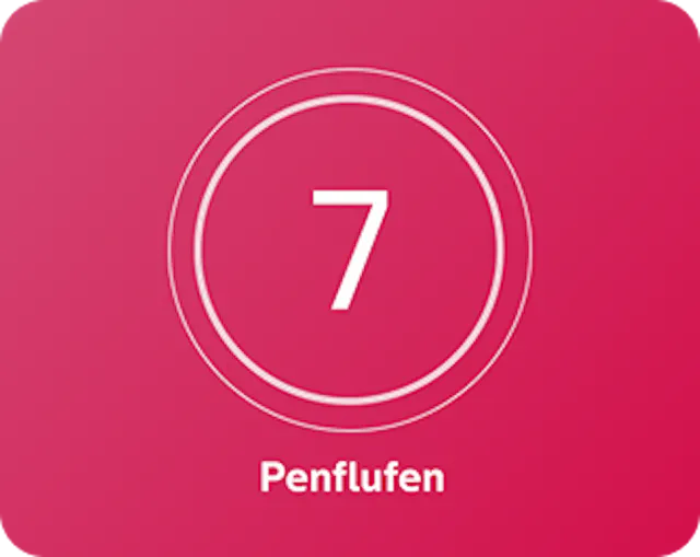 A pink background with a white number 7 centered inside two concentric circles, and the word ' Penflufen' written below in white text