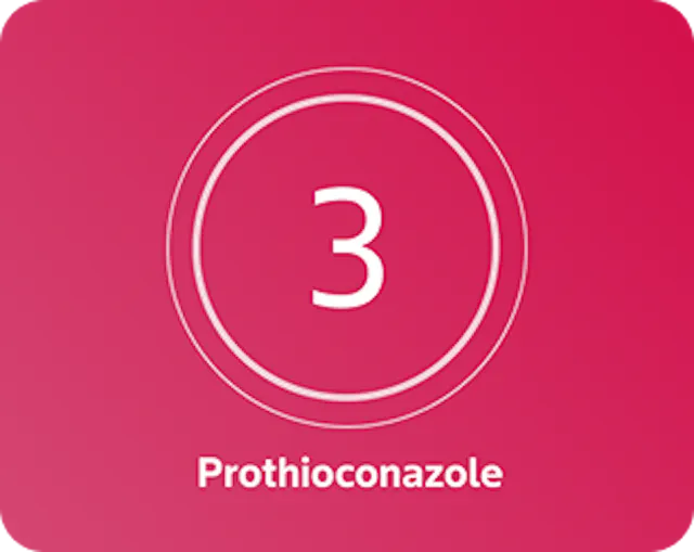 A pink background with a white number 3 centered inside two concentric circles, and the word ' Prothioconazole' written below in white text.