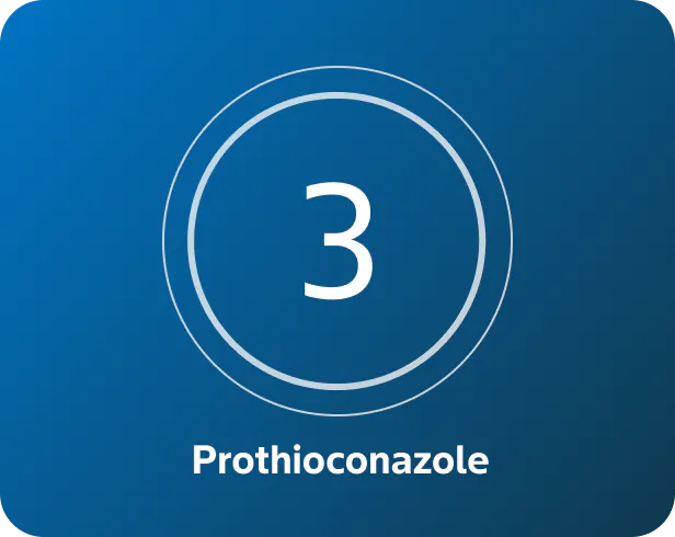 A blue background with a white number 3 centered inside two concentric circles, and the word 'Prothioconazole’ written below in white text