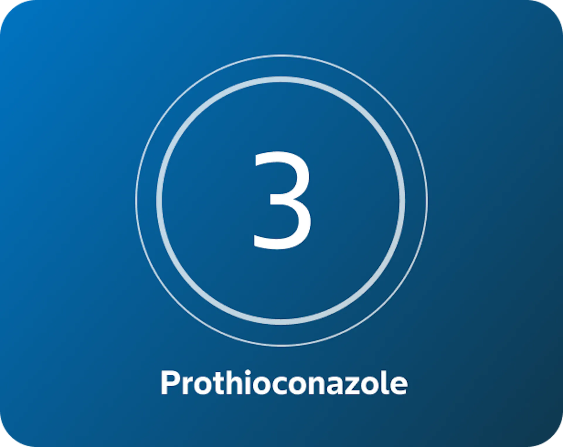 A blue background with a white number 3 centered inside two concentric circles, and the word 'Prothioconazole’ written below in white text