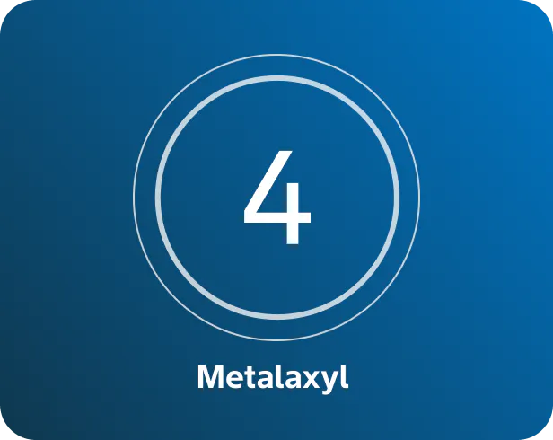 A blue background with a white number 4 centered inside two concentric circles, and the word 'Metalaxyl' written below in white text