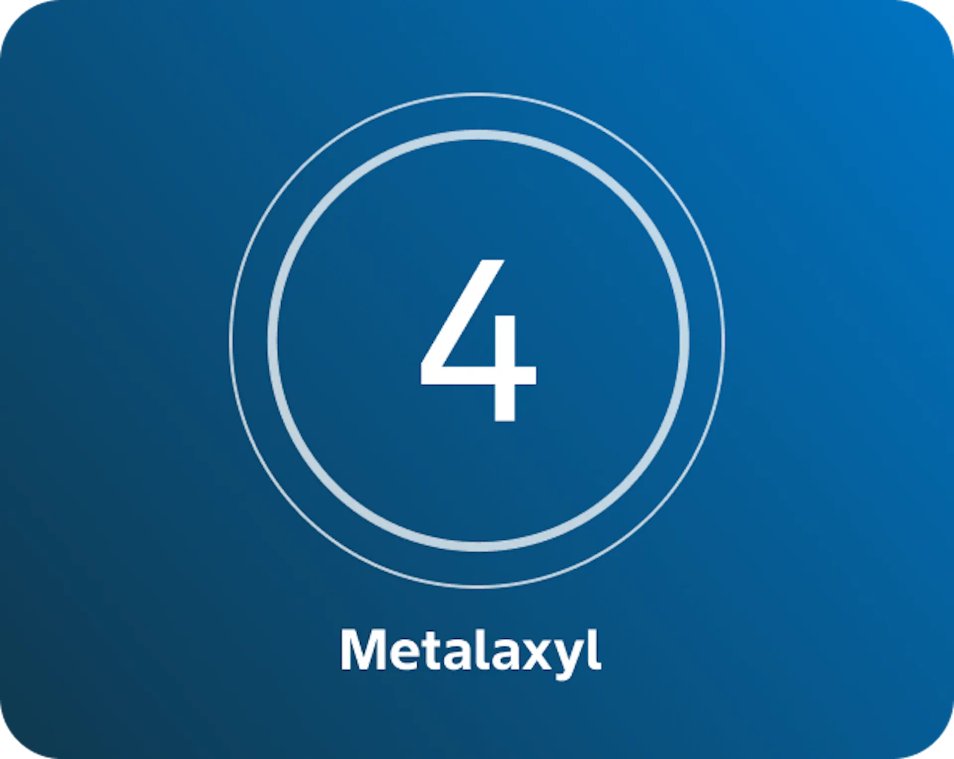 A blue background with a white number 4 centered inside two concentric circles, and the word 'Metalaxyl' written below in white text
