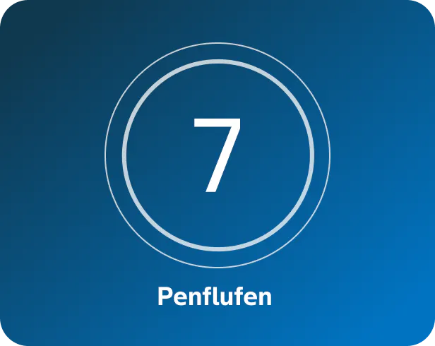 A blue background with a white number 7 centered inside two concentric circles, and the word 'Penflufen’ written below in white text.