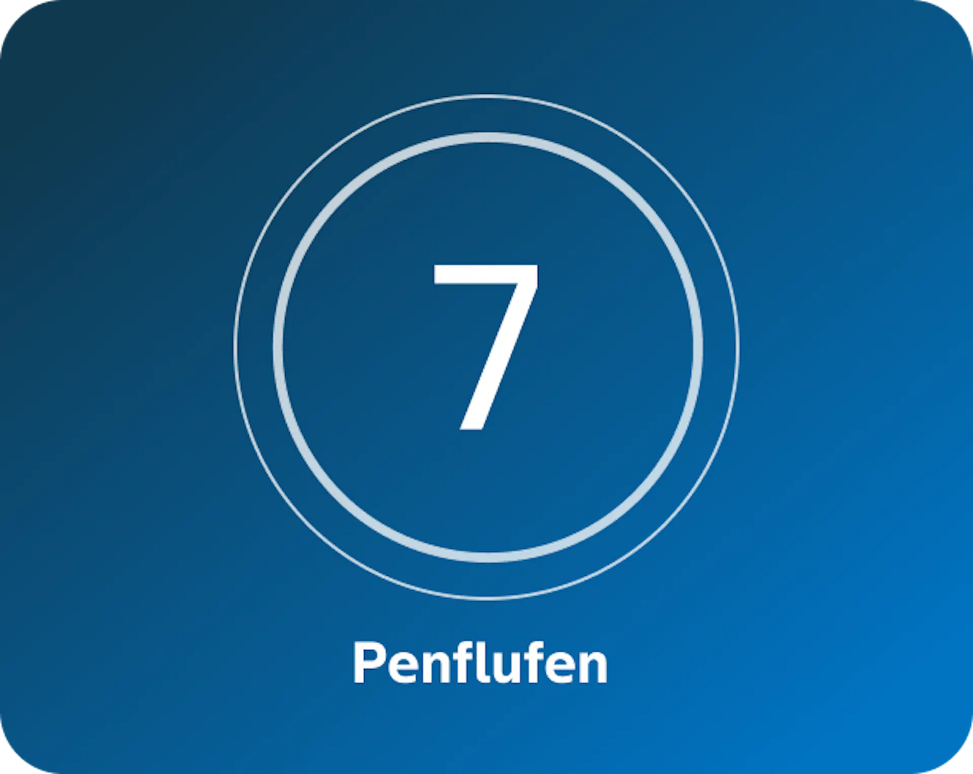 A blue background with a white number 7 centered inside two concentric circles, and the word 'Penflufen’ written below in white text.