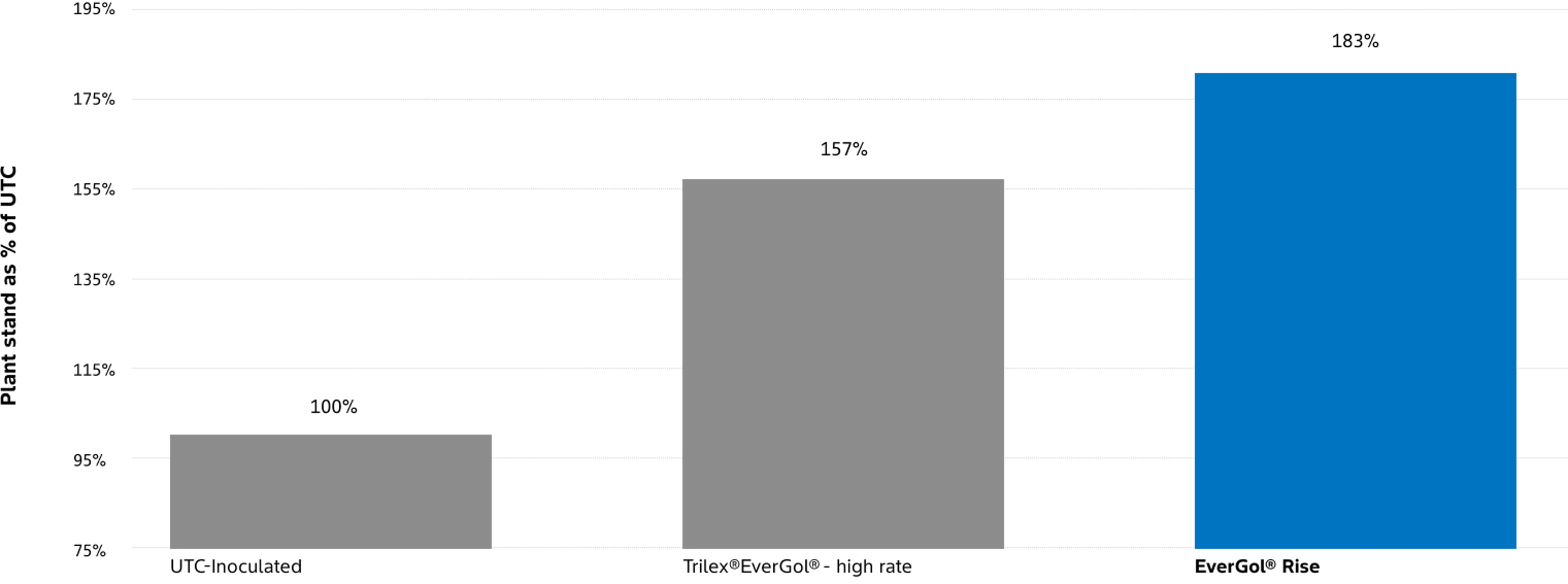 Bar chart comparing plant populations (plants per square meter) across three treatments. The UTC‑Inoculated treatment shows approximately 28 plants/m². The Trilex® EverGol® – high rate treatment shows about 42 plants/m². The EverGol® Rise treatment shows the highest value at approximately 50 plants/m².