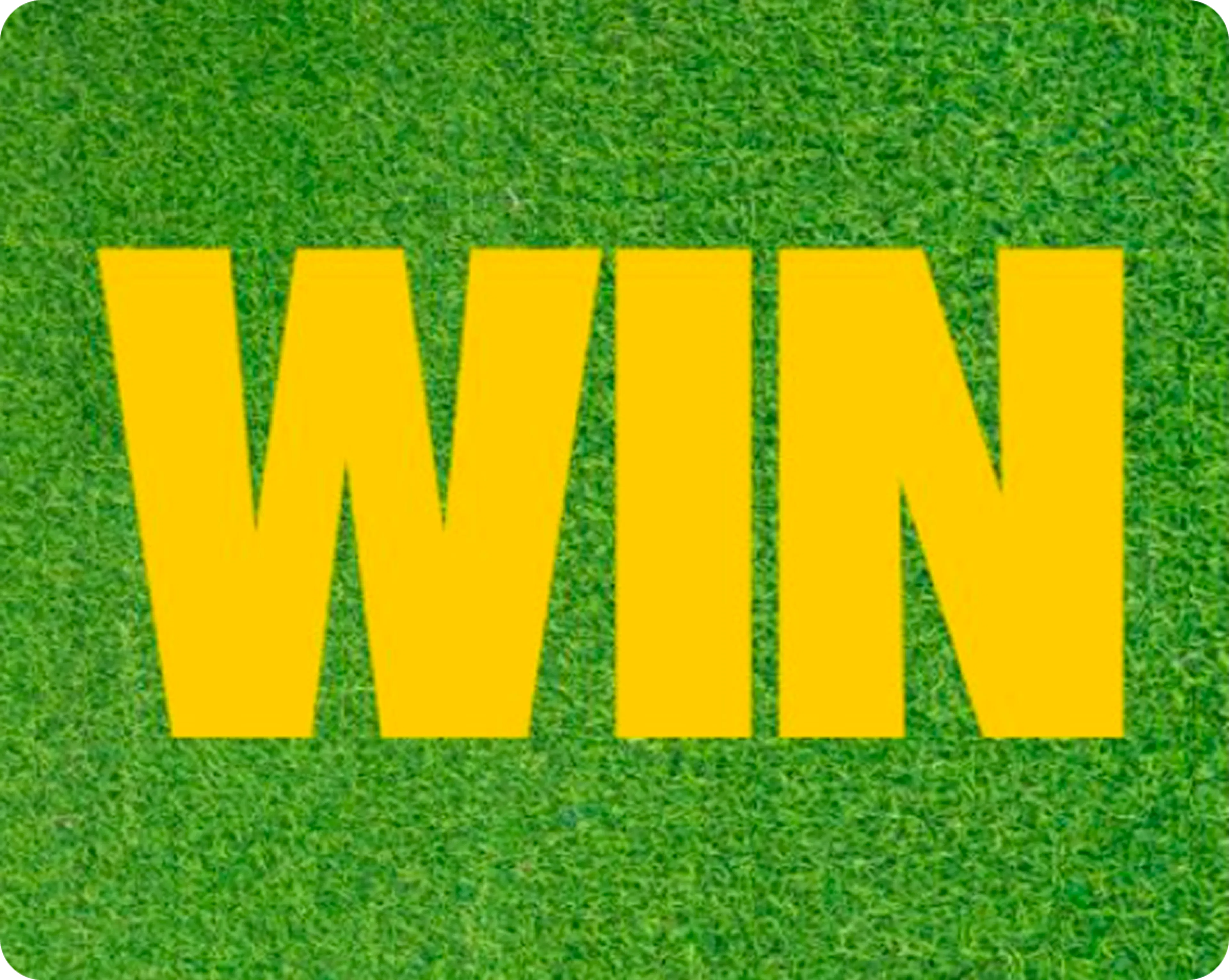 Aerial view of a dense green field with large, bold yellow letters spelling ‘WIN’ prominently across the image.