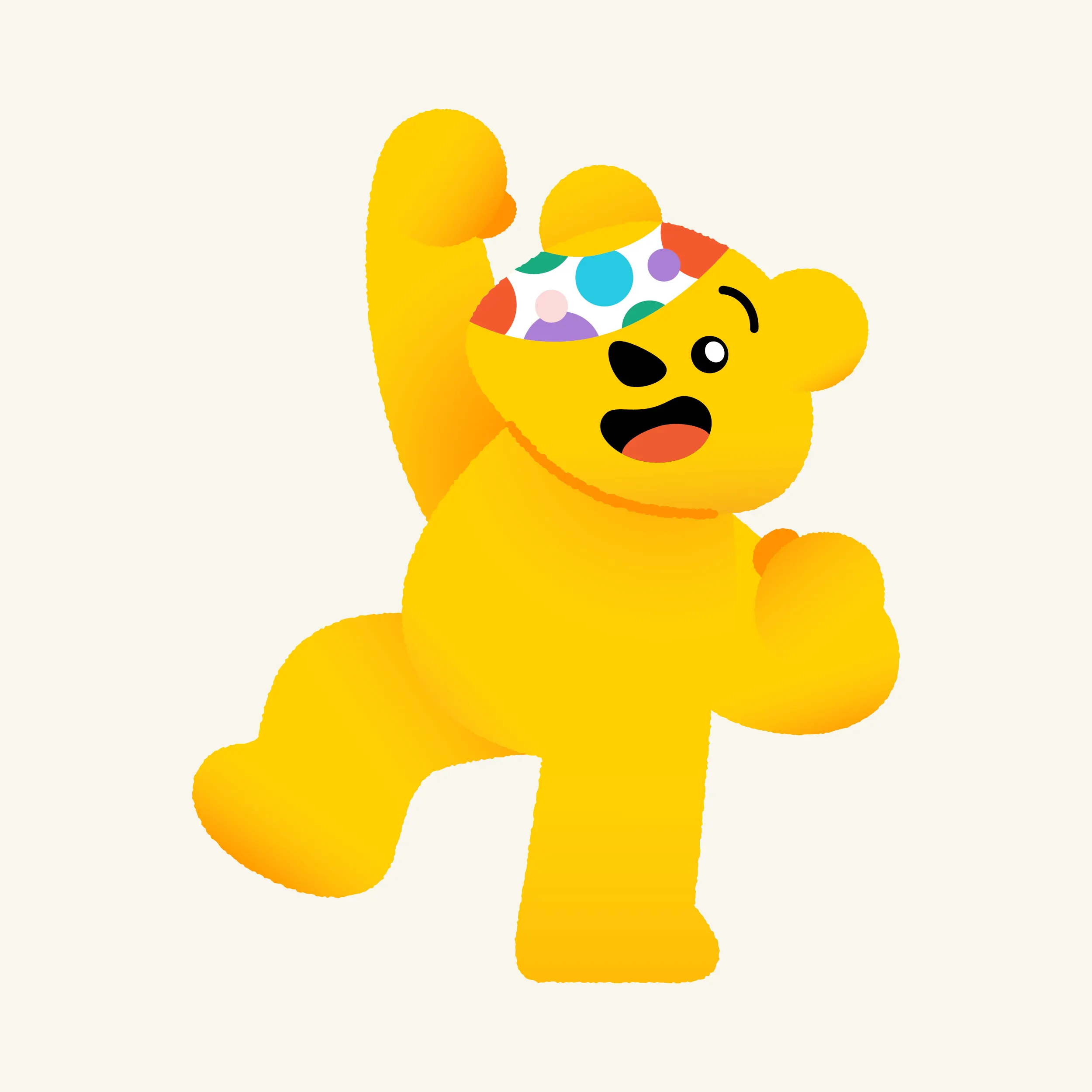 Pudsey doing a fist pump in the air. 