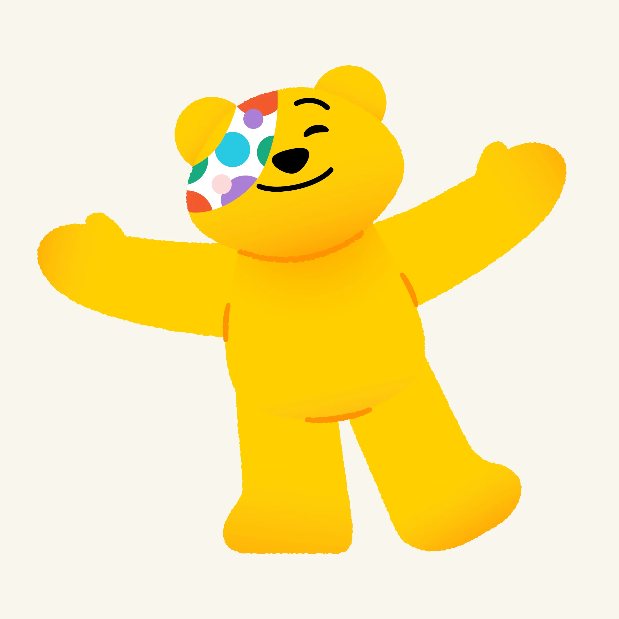 Pudsey with arms outstretched for a hug. 