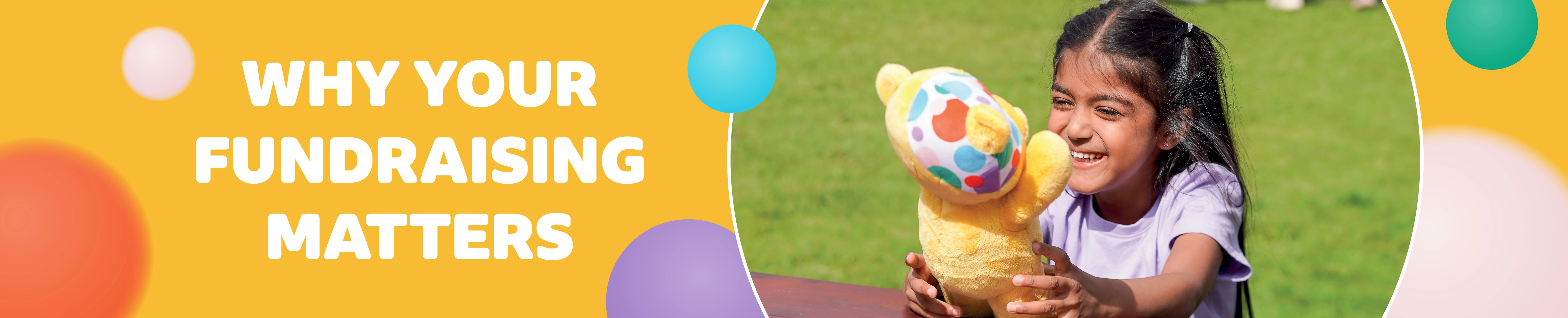 Why your fundraising matters, banner with a smiling child holding Pudsey.
