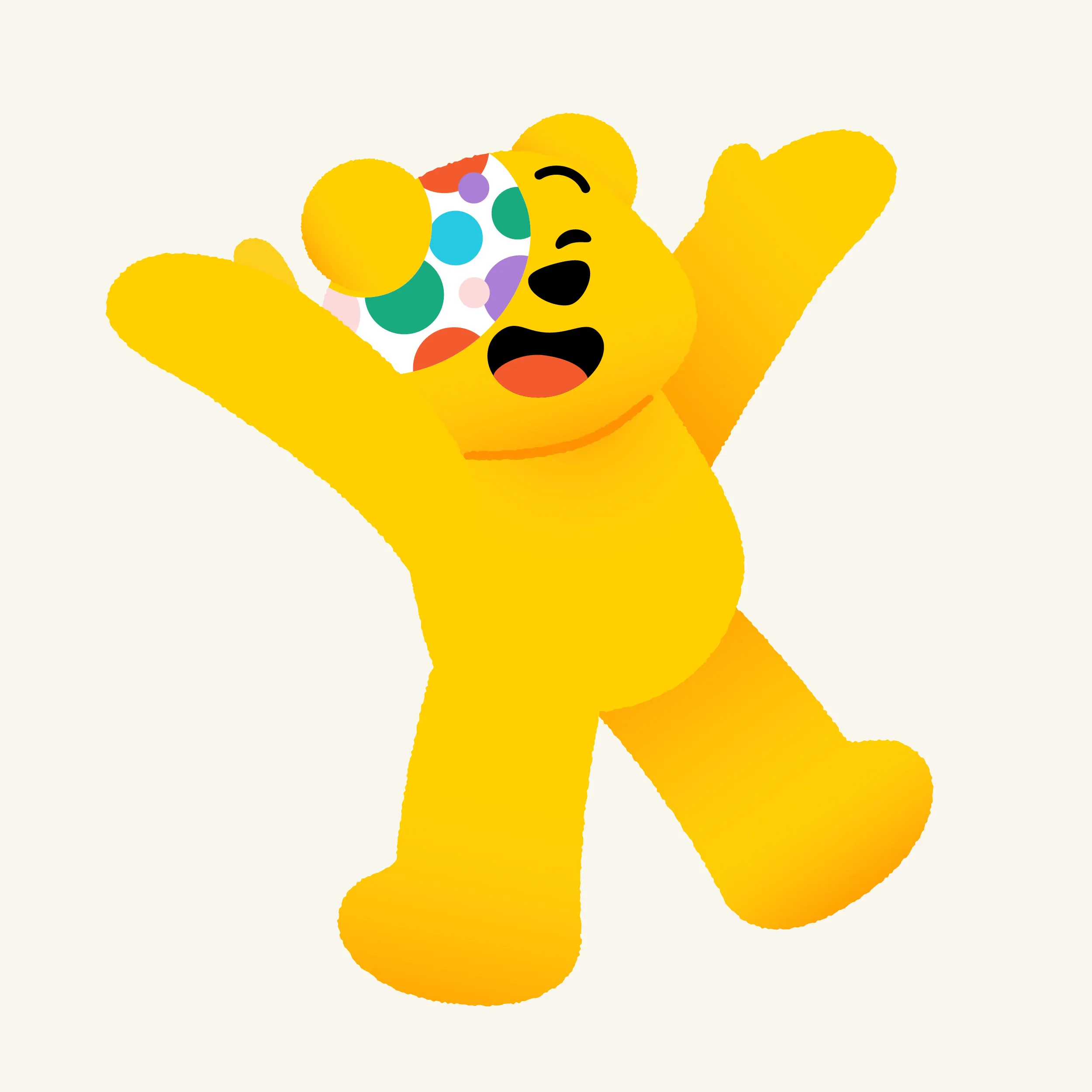 Pudsey with arms raised in celebration. 