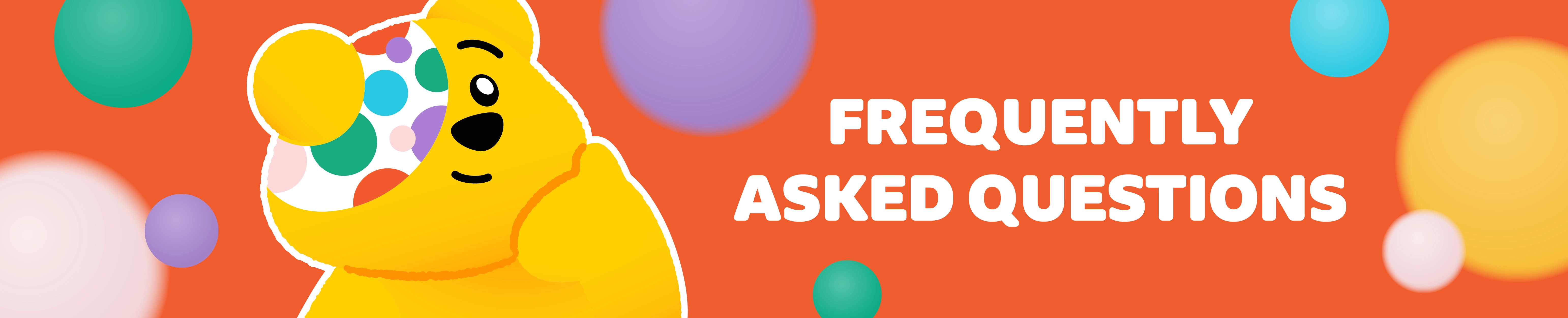 Frequently asked questions banner with a quizzical-looking Pudsey. 
