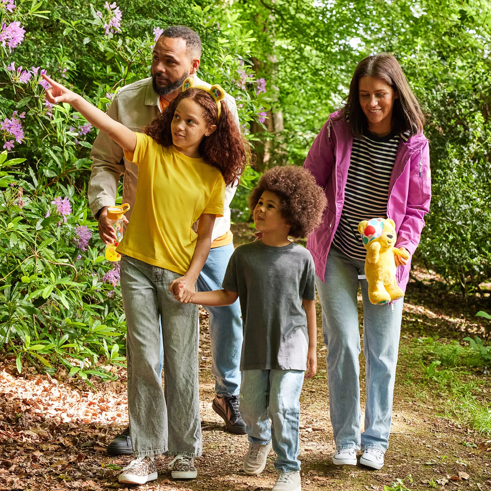 A family walking outside.