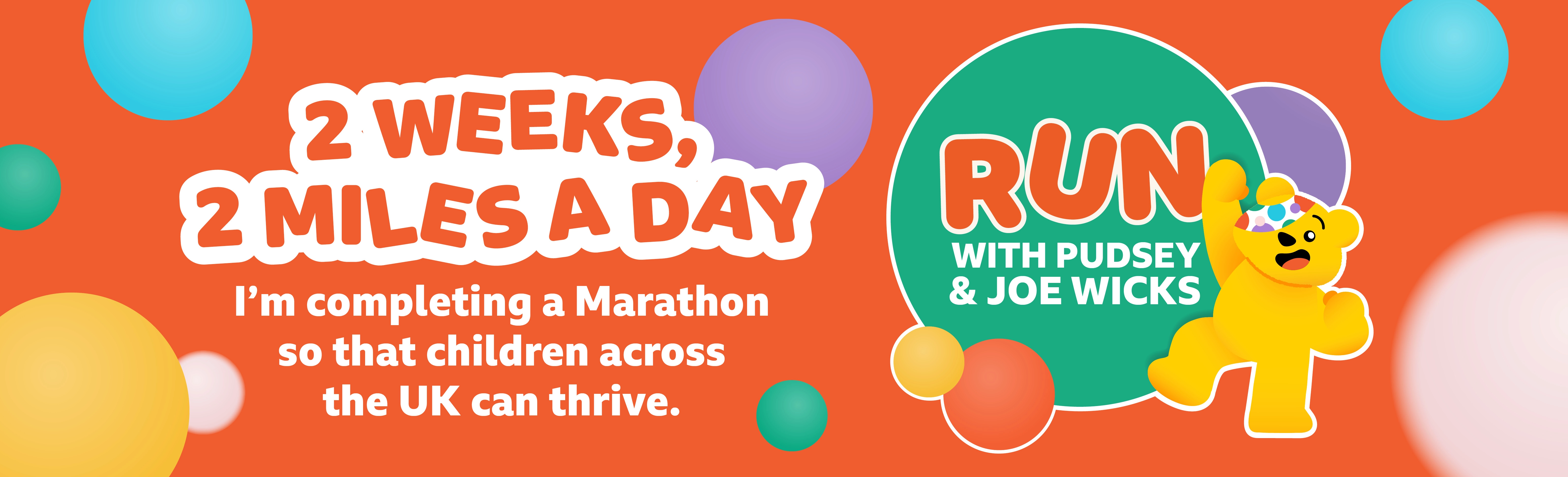 2 weeks, 2 miles a day Run with Pudsey and Joe Wicks site banner. 