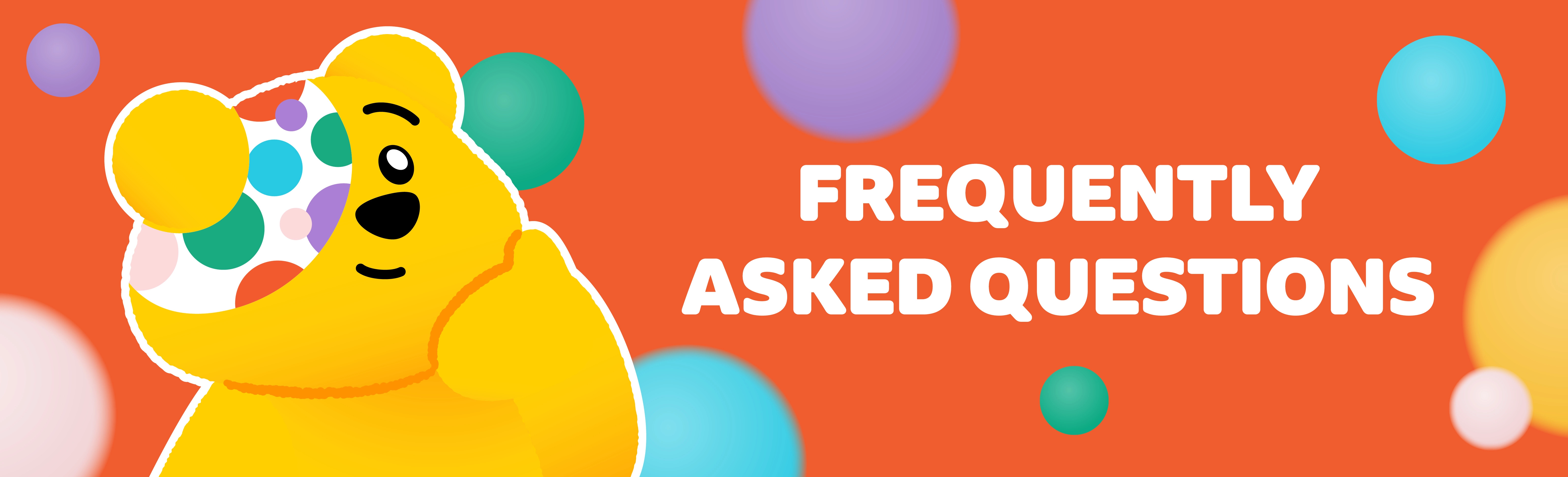 Frequently asked questions banner with a quizzical-looking Pudsey. 