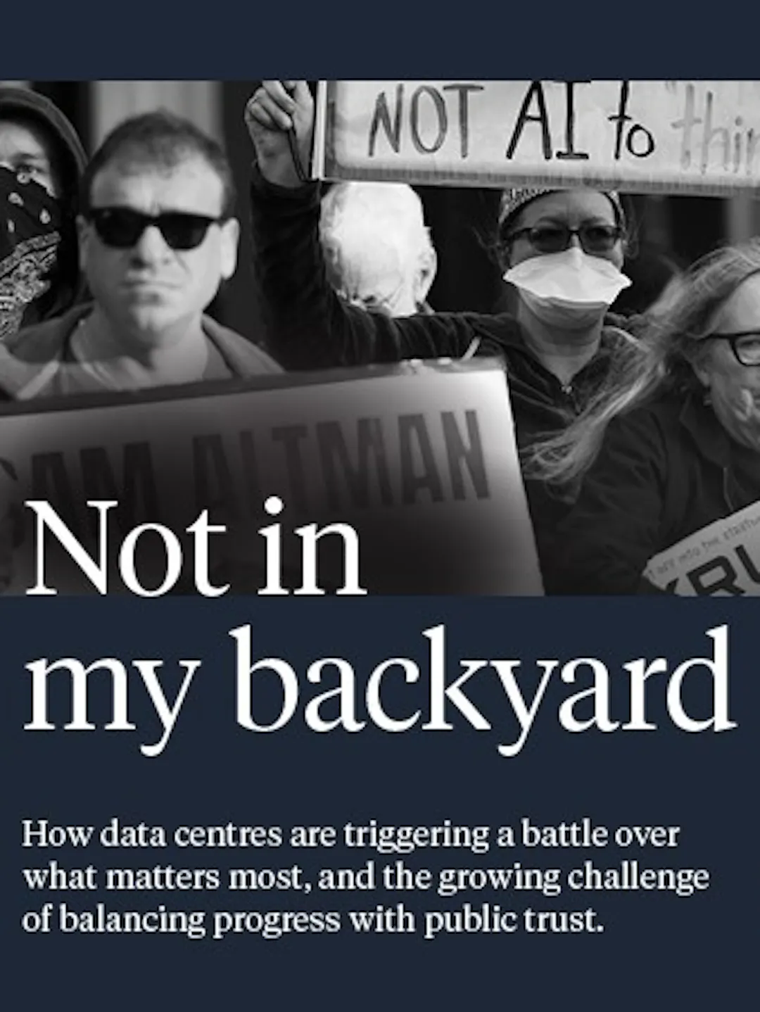 Community protest highlighting concerns about artificial intelligence and resource use, featuring demonstrators holding signs including one reading "I Want Water to Drink, Not AI to Think"