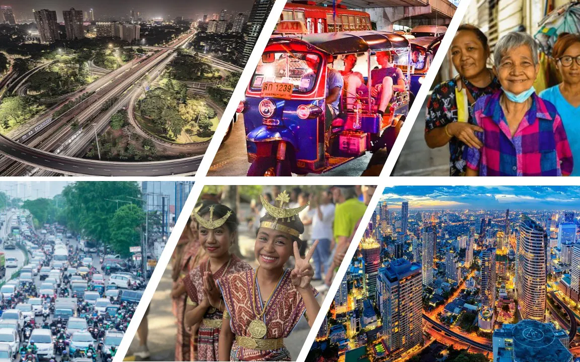 a montage of city scenes from Jakarta and Thailand