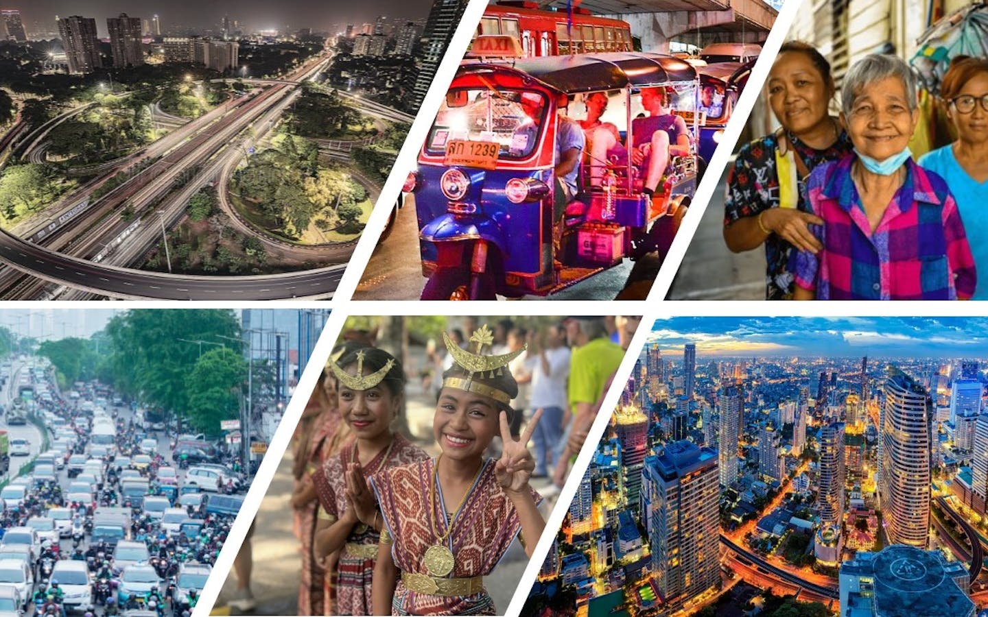 a montage of city scenes from Jakarta and Thailand
