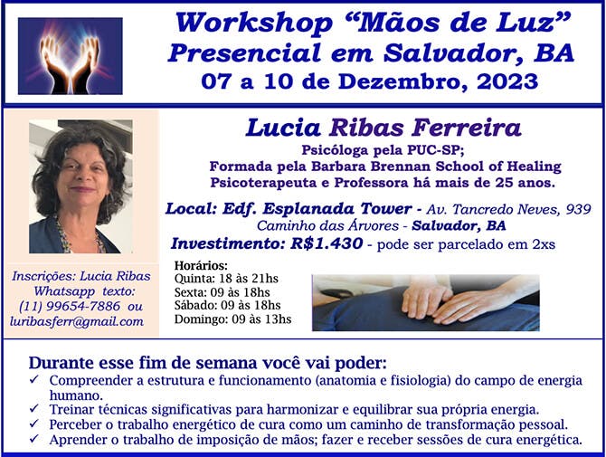 Workshop Maos de Luz, Salvador, Bahia, 7 a 10 de dezembro, 2023