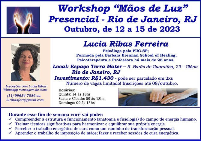 Workshop Maos de Luz, Rio de Janeiro, de 12 a 15 de outubro de 2023