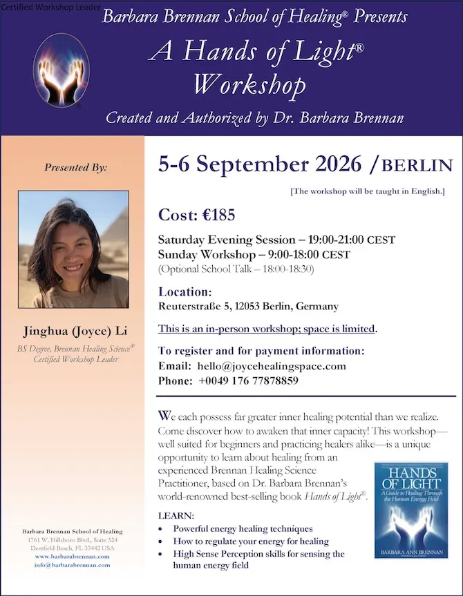 Flyer for Hands of Light Workshop in Berlin, Germany, 5–6 September 2026