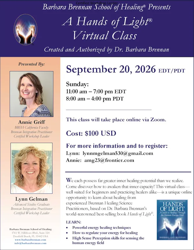 Flyer for Hands of Light Virtual Class, September 20, 2026
