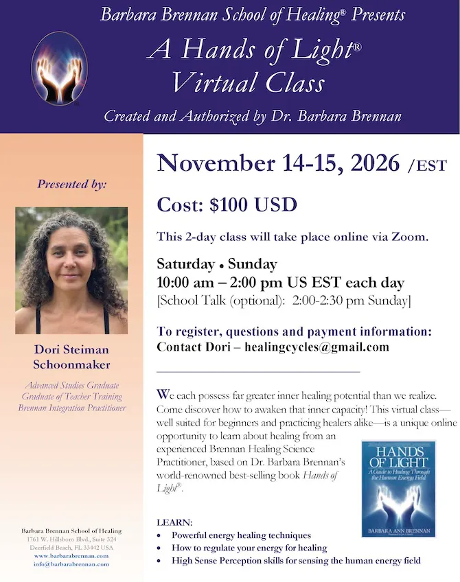 Flyer for Hands of Light Virtual Class, November 14-15, 2026