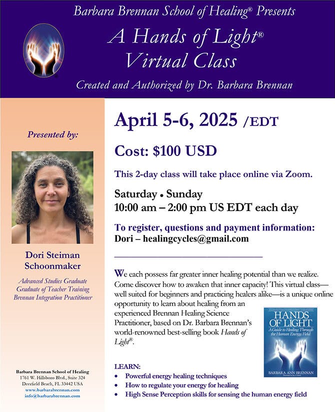 Flyer for Hands of Light Virtual Class, April 5–6, 2025