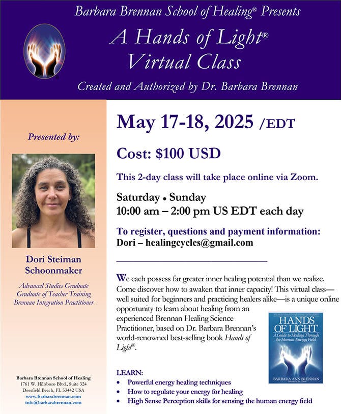 Flyer for Hands of Light Virtual Class, May 17–18, 2025