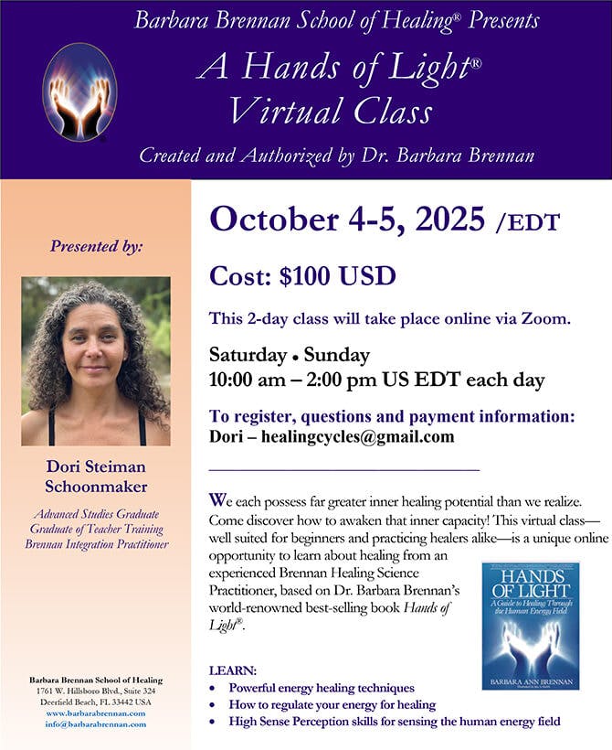 Flyer for Hands of Light Virtual Class, October 4–5, 2025