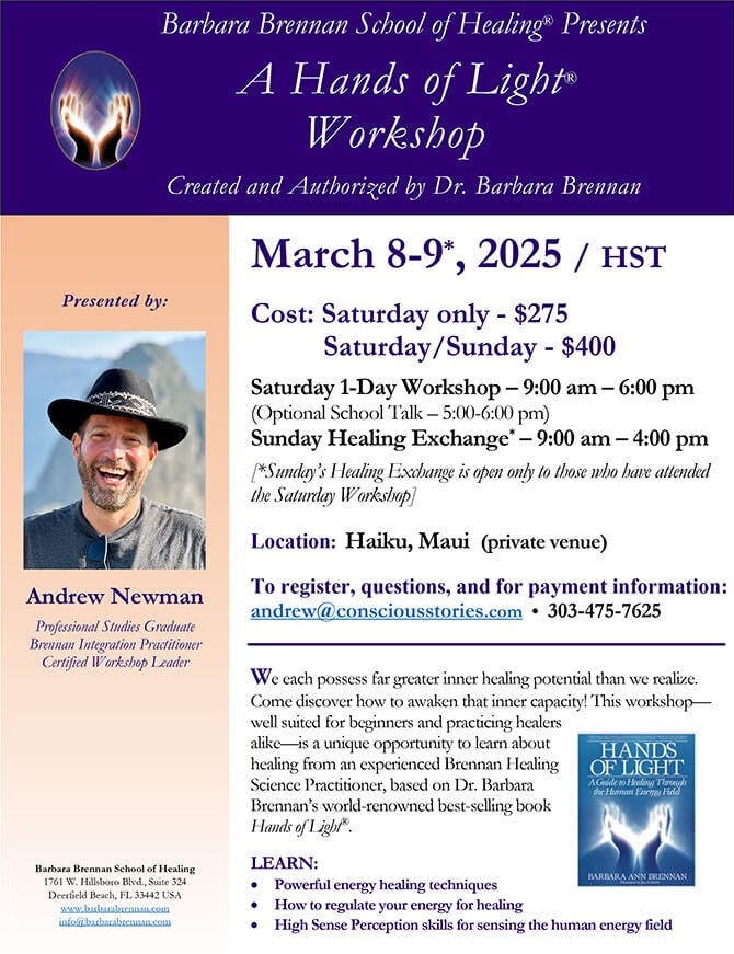 Flyer for Hands of Light Workshop in Maui, Hawaii, March 8-9, 2025