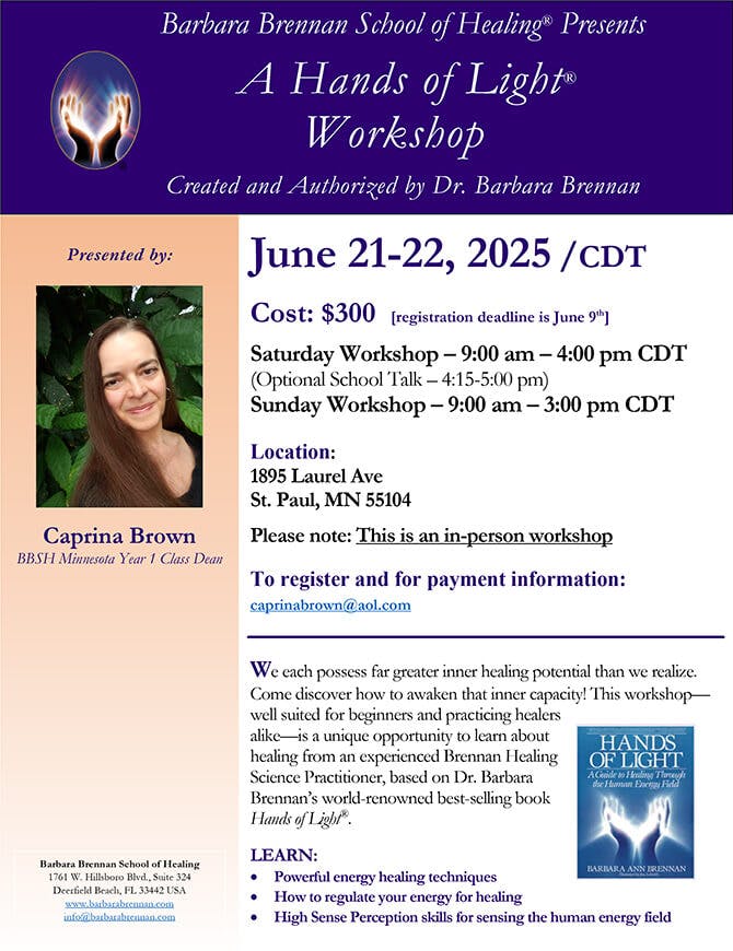 Flyer for Hands of Light Workshop in St. Paul, MN, June 21-22, 2025